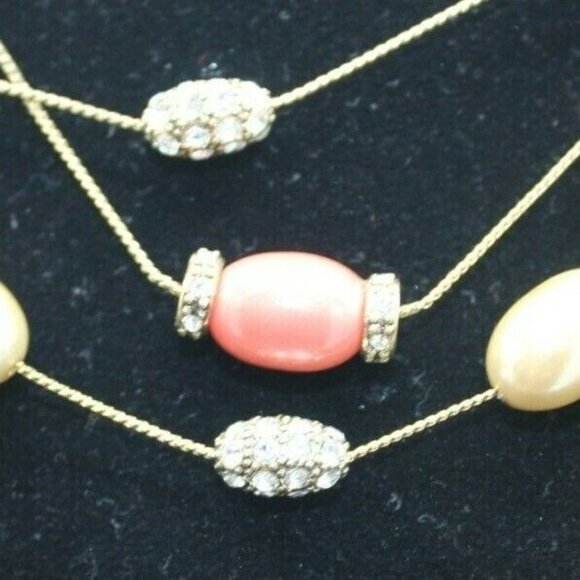Monet Necklace Triple Strand Pink Signed Goldtone Clear Rhinestones Adjustable - Picture 4 of 8